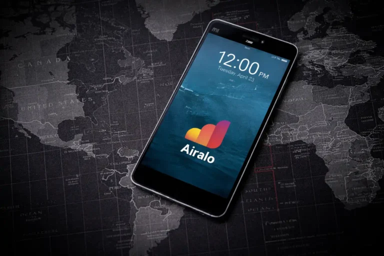 Smartphone displaying Airalo best eSIM app on a world map background for international travel connectivity