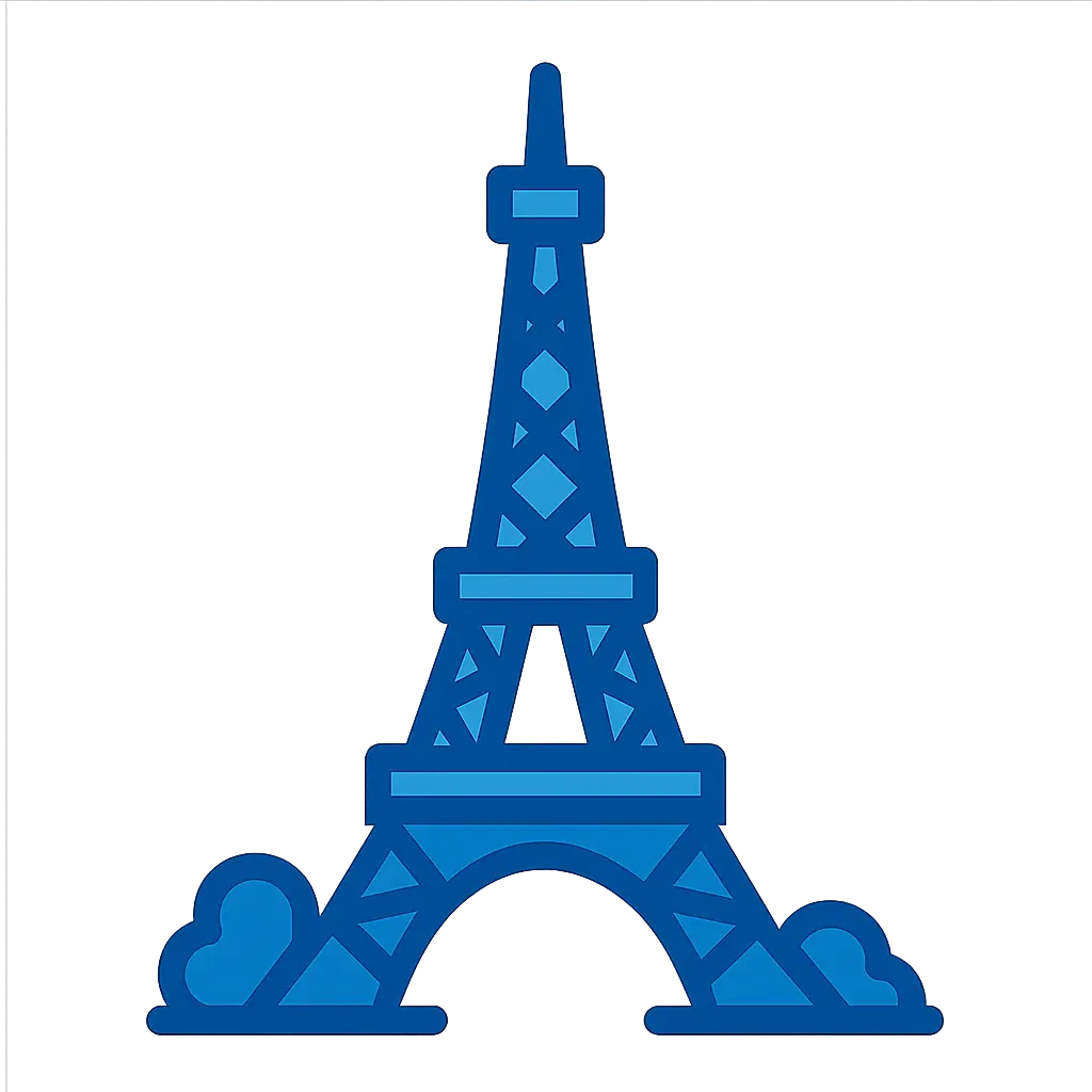 Stylized illustration of the Eiffel Tower with cloud accents, ideal for Last Minute Flights promotions.