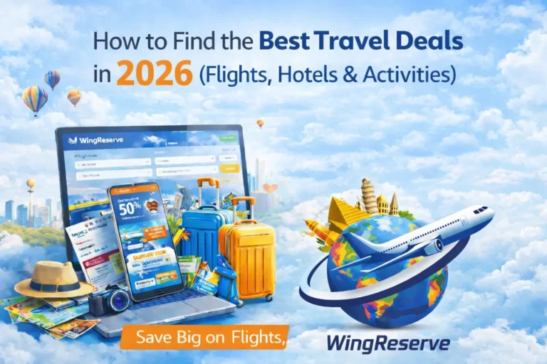 Illustration showing how to find the best travel deals in 2026, featuring WingReserve platform, flight and hotel booking interface, suitcase, airplane, and global travel icons representing flights, hotels, and activities.