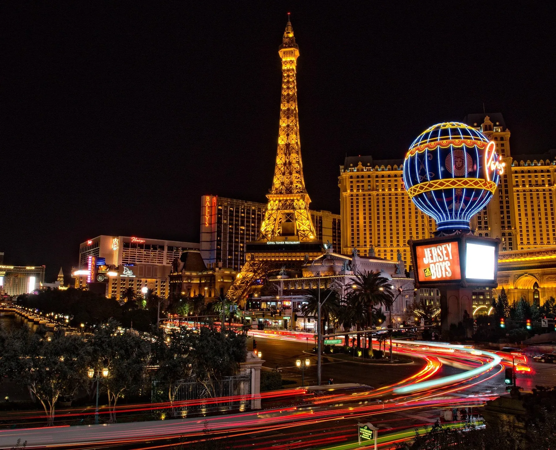 Las Vegas Strip at night with bright lights and landmarks