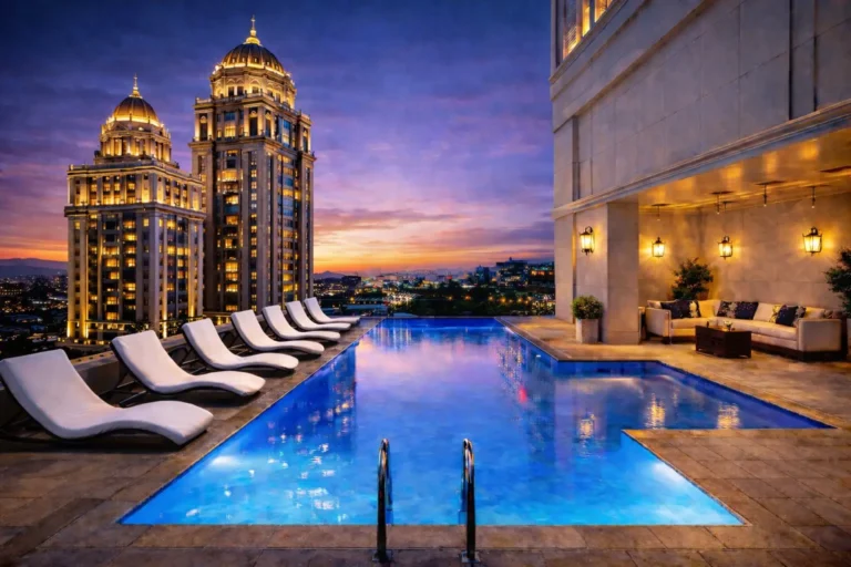 Luxury rooftop hotel pool with city skyline view at sunset