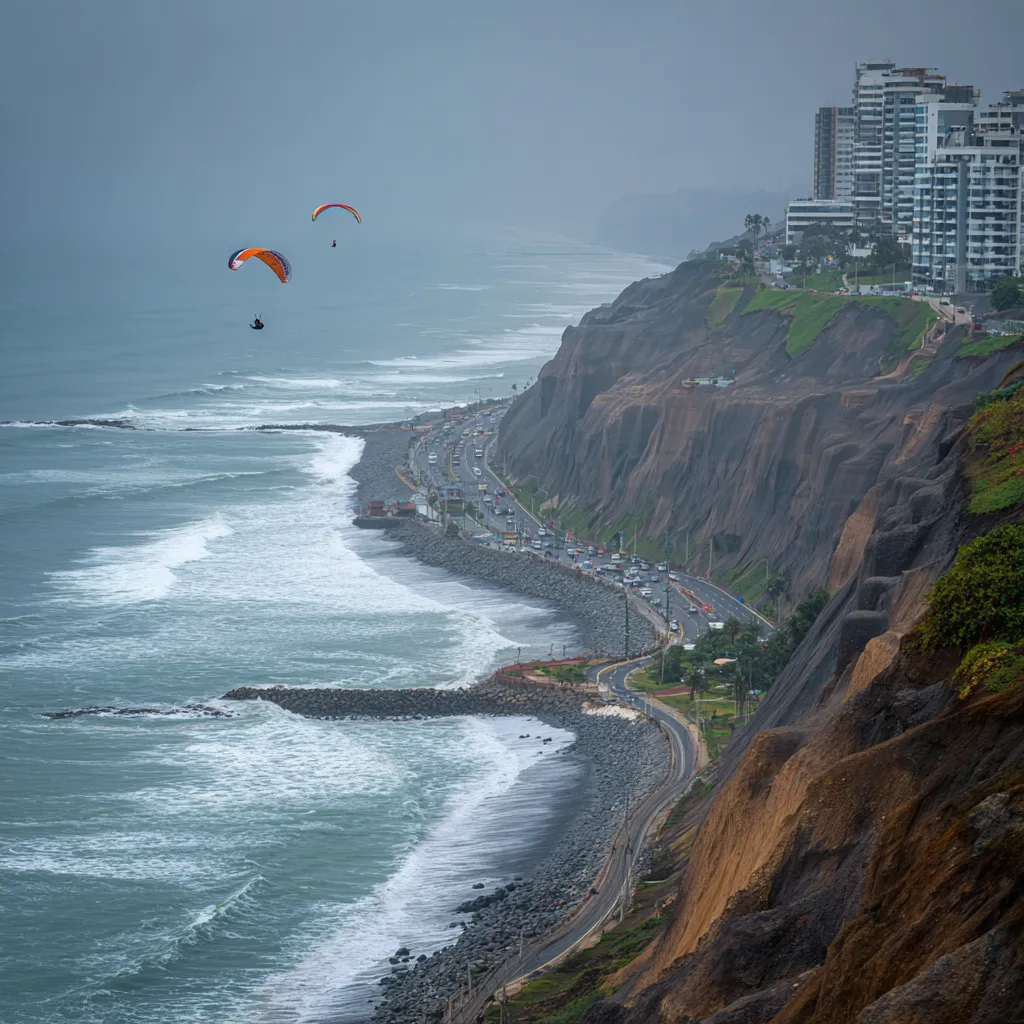 Miraflores cliffs in Lima overlooking the Pacific Ocean with paragliders