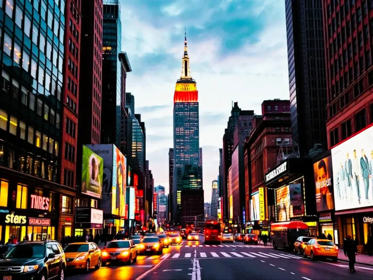 Artistic image of New York City with the Empire State Building illuminated at dusk, yellow taxis, and vibrant urban lights. Compare Travel Prices