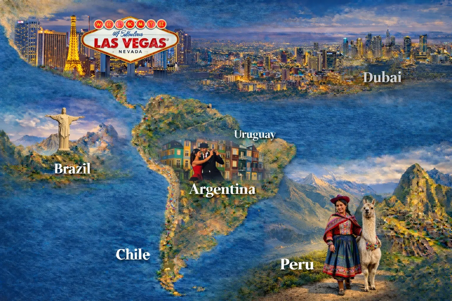 Route map from Dubai to Las Vegas and through South America