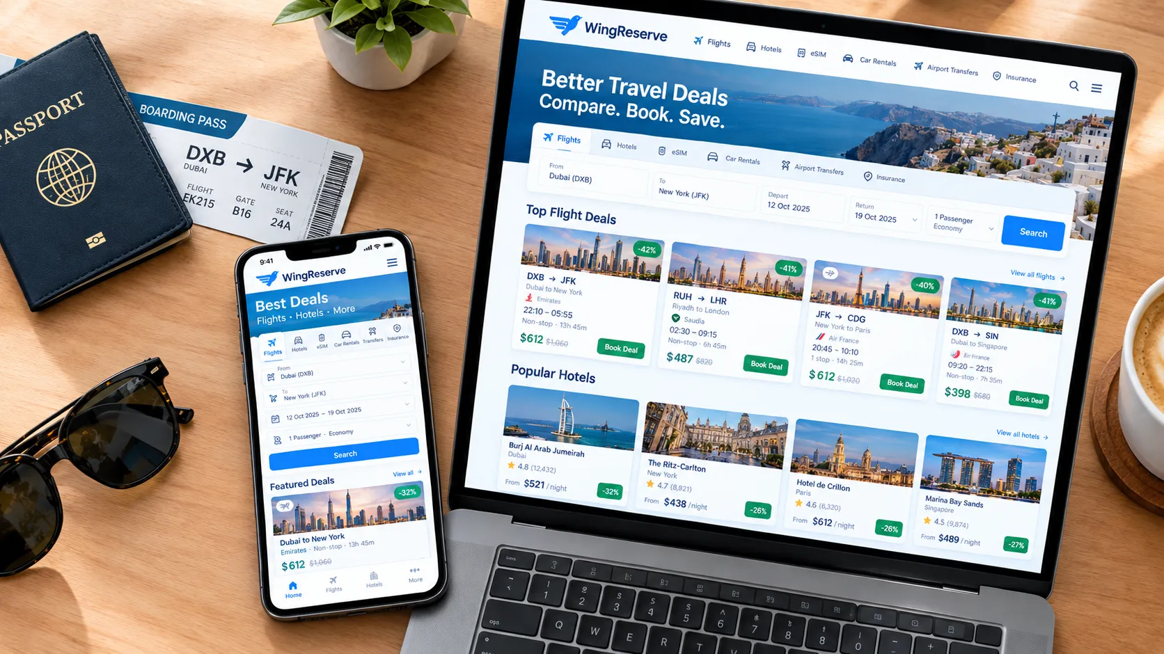 best travel deals 2026 displayed on a smartphone and laptop showing flight and hotel comparison options