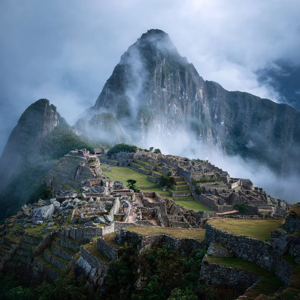 Machu Picchu emerging through mist between mountain peaks