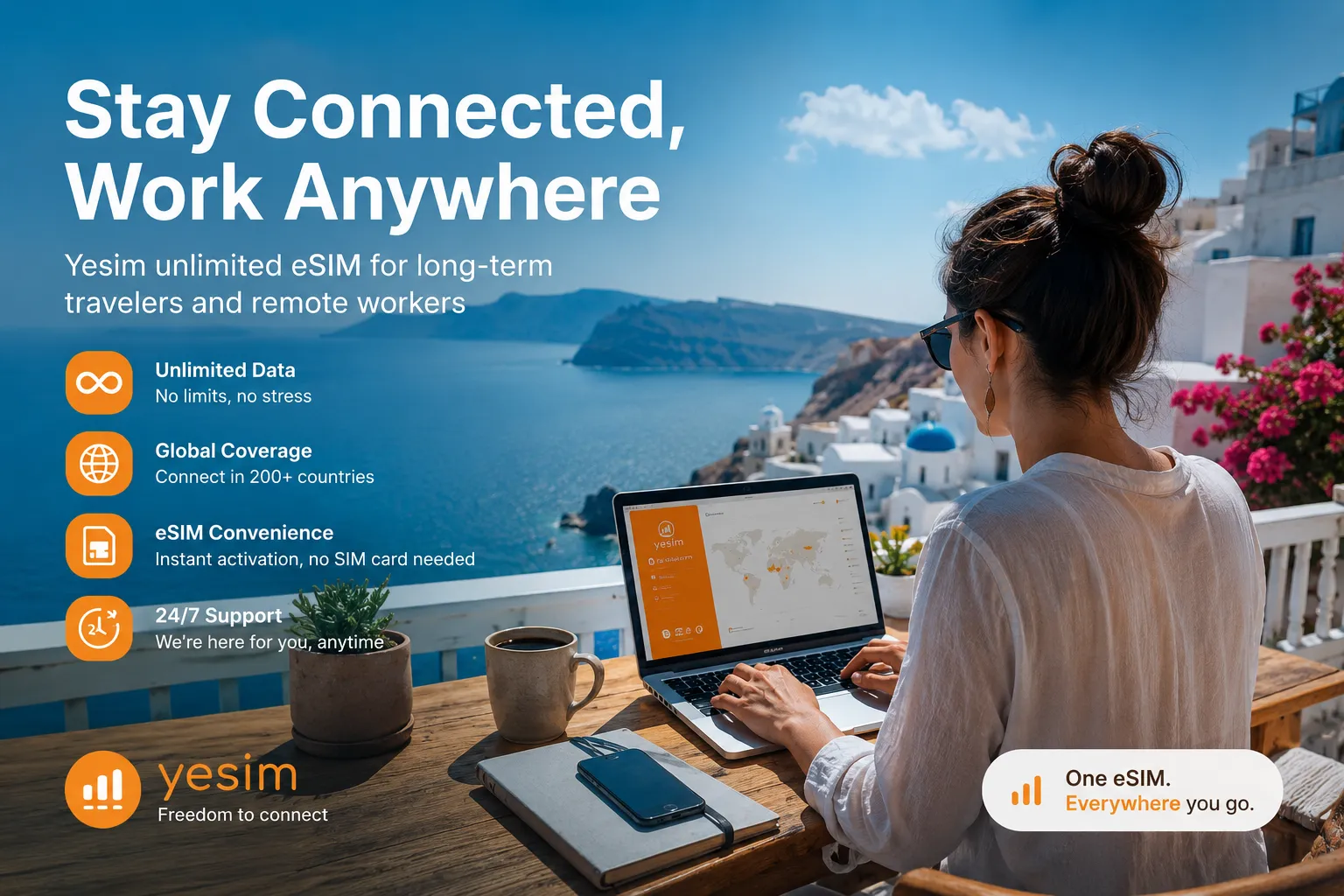 Yesim unlimited eSIM for remote workers and long-term travelers — stay connected in 200+ countries with instant activation and 24/7 support