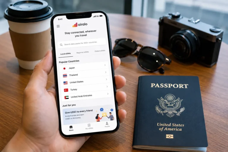 Traveler at international airport checking phone — best eSIM for international travel 2026
