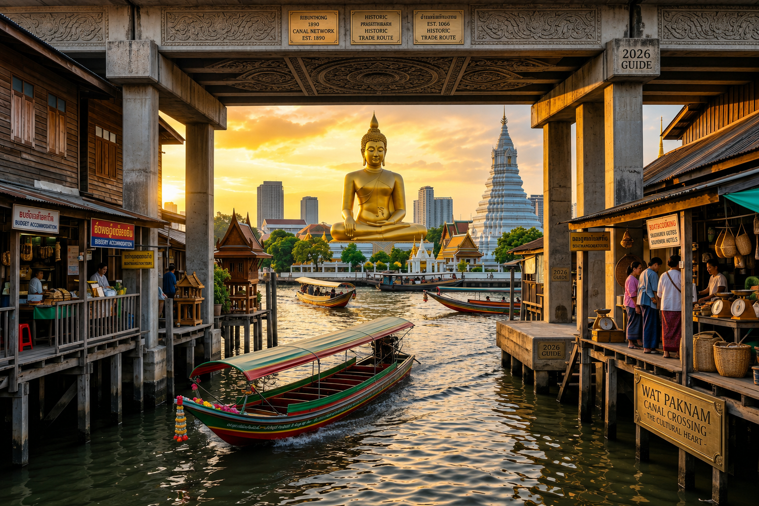 Scenic canal view under a bridge framing traditional longtail boats traveling toward Wat Paknam Bhasicharoen giant golden Buddha statue at sunset featuring options for the best hotels in Bangkok 2026