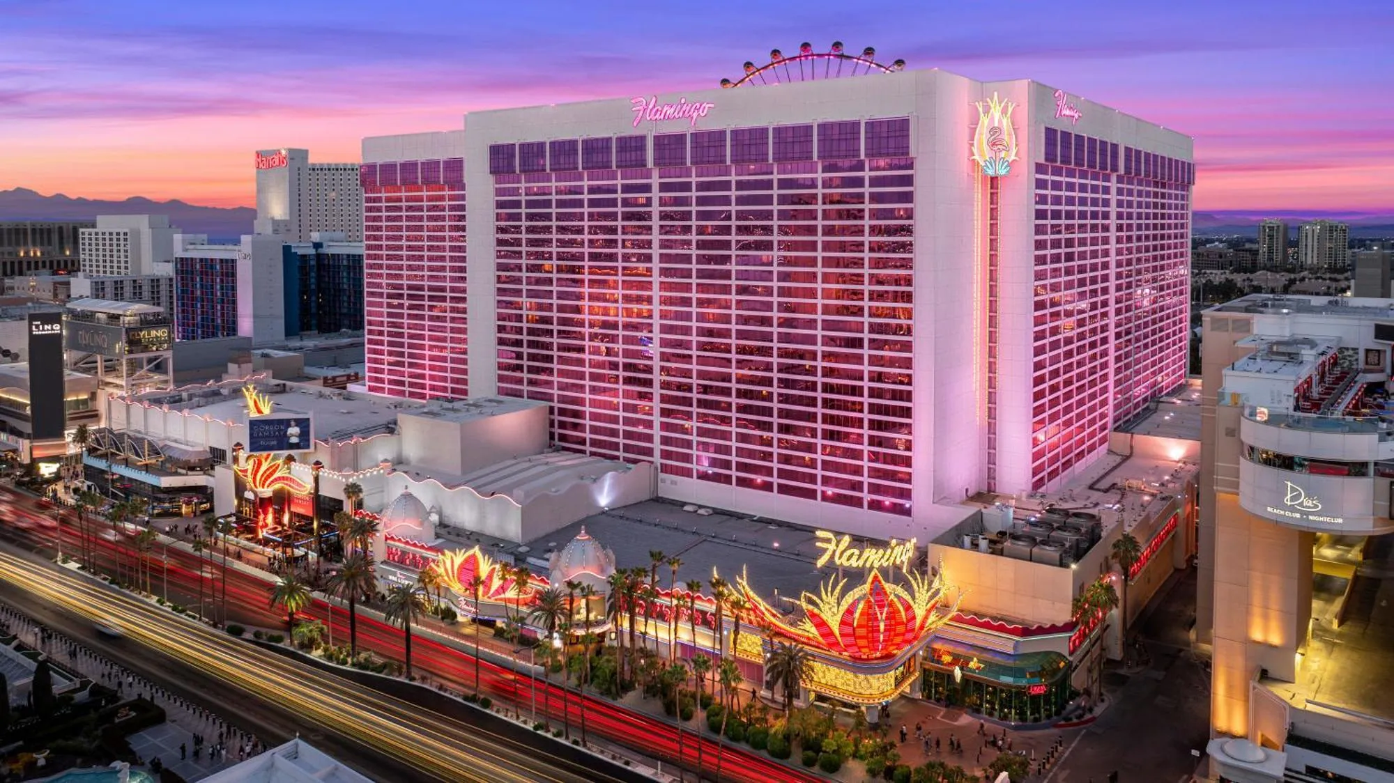 High-resolution view of Flamingo Las Vegas Hotel and Casino at night featuring vibrant neon lights on the Las Vegas Strip