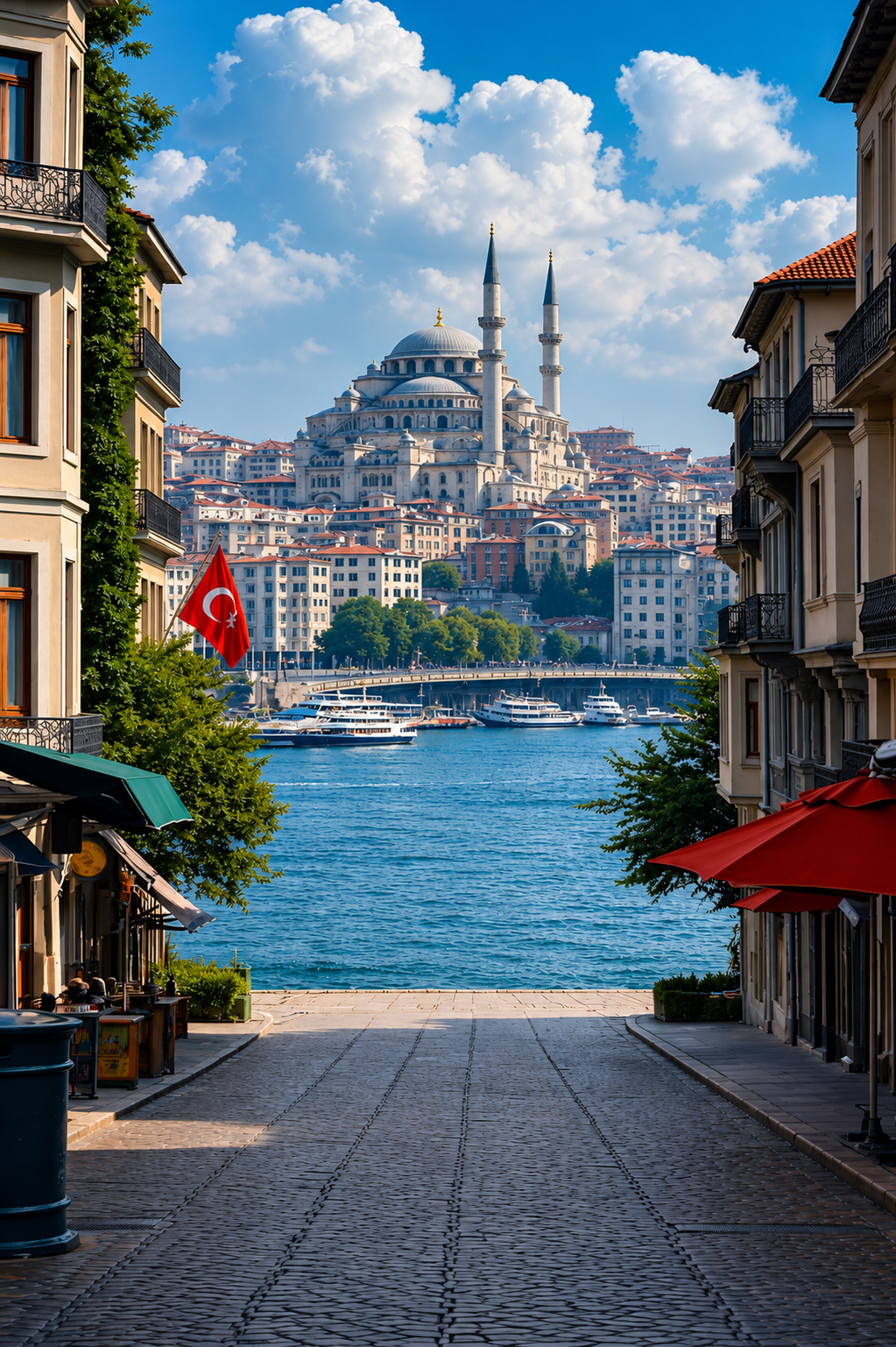 A picturesque cobblestone street in Istanbul framing the Bosphorus strait with the Turkish flag, cruise boats, and the historic Suleymaniye Mosque in the background for travelers searching for the best hotels in Istanbul 2026