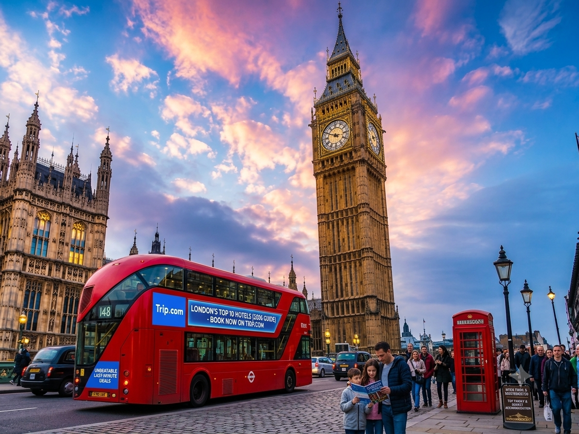 Red double-decker bus driving past the Big Ben clock tower and the Palace of Westminster to find the best London hotels trip.com offers for last minute hotel deals 2026