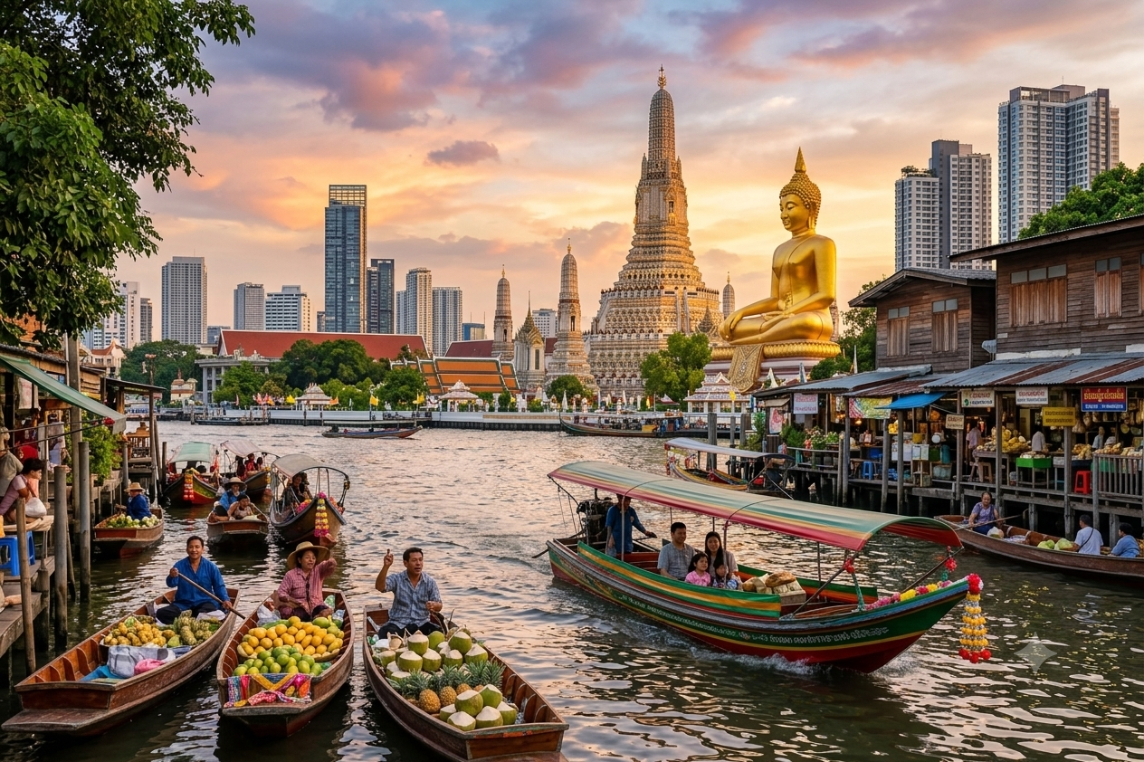 A vibrant floating market scene in Bangkok with vendors selling fresh tropical fruits from wooden boats next to longtail tourist boats on Chao Phraya river with Wat Arun temple and a large golden Buddha statue in the background for travelers booking the best hotels in Bangkok or luxury Thailand tours