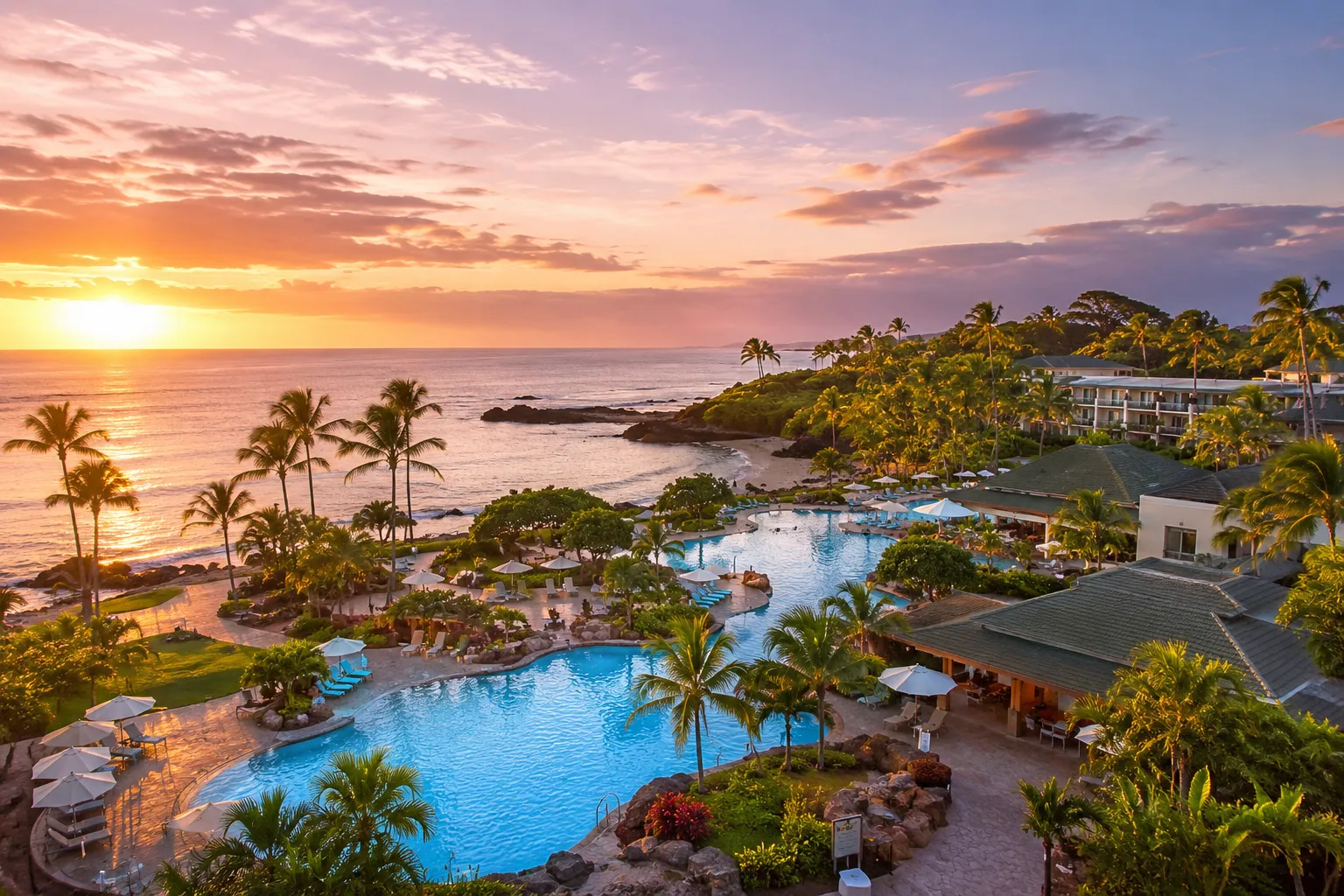 Luxury Turtle Bay Resort at sunset with crystal-clear swimming pools, tropical palm trees, and stunning ocean views on Oahu's North Shore in Hawaii