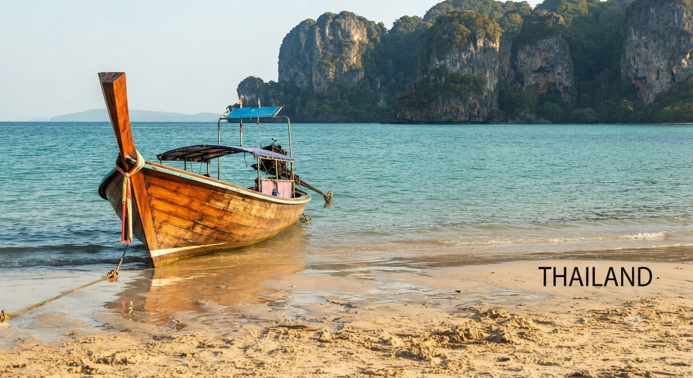 Long-tail boat on a Thai beach with limestone cliffs — Thailand budget travel destination