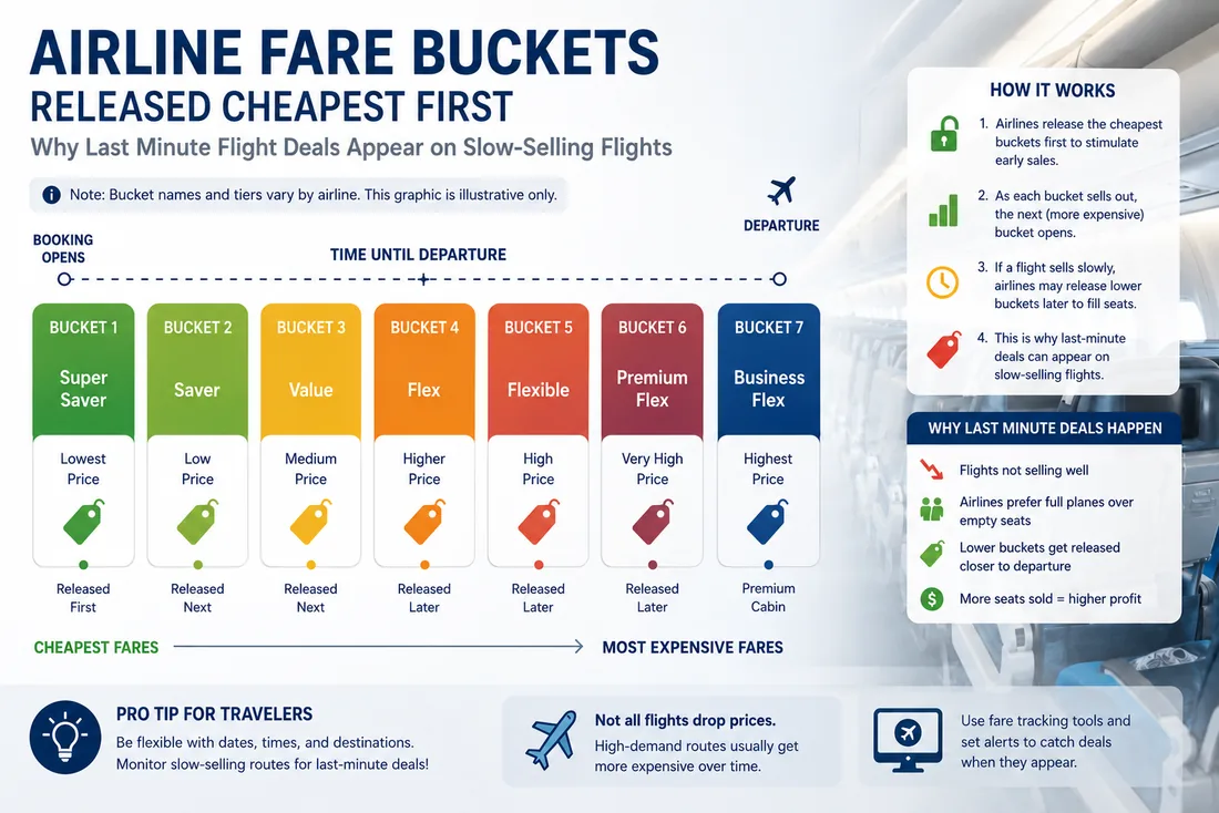 Airline fare buckets released cheapest first, showing why last minute flight deals appear on slow-selling flights