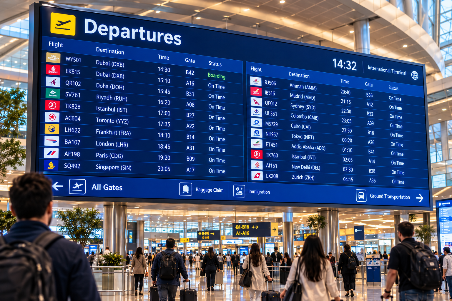 International airport departures board showing flight schedules, destinations, gate numbers, and boarding statuses in a busy terminal