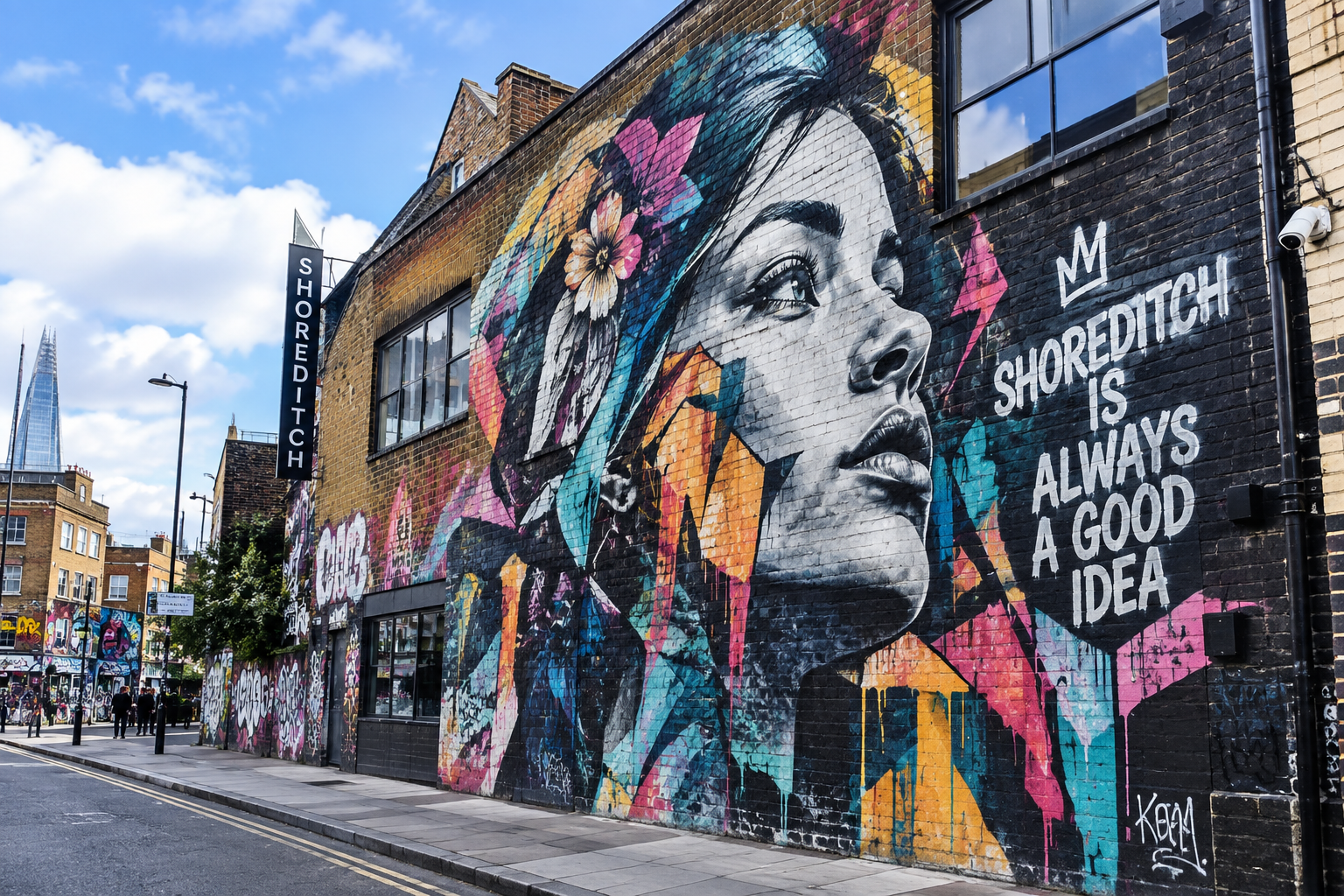Street art on a building wall in Shoreditch, East London