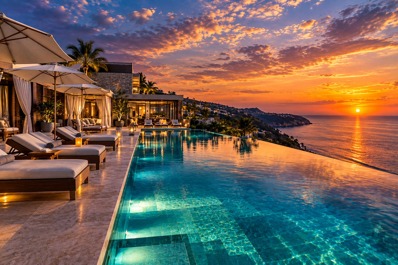 A hotel pool at dusk, the kind of property where location matters more than the nightly rate