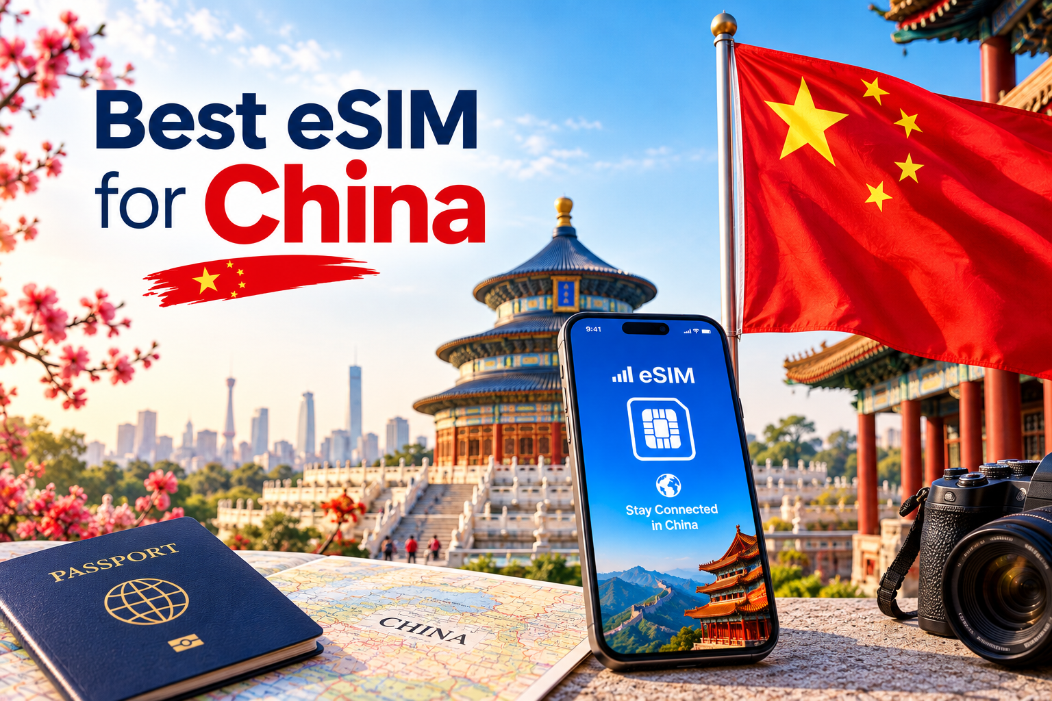 Best eSIM for China: phone showing an eSIM screen in front of the Temple of Heaven in Beijing, with a passport and a map of China
