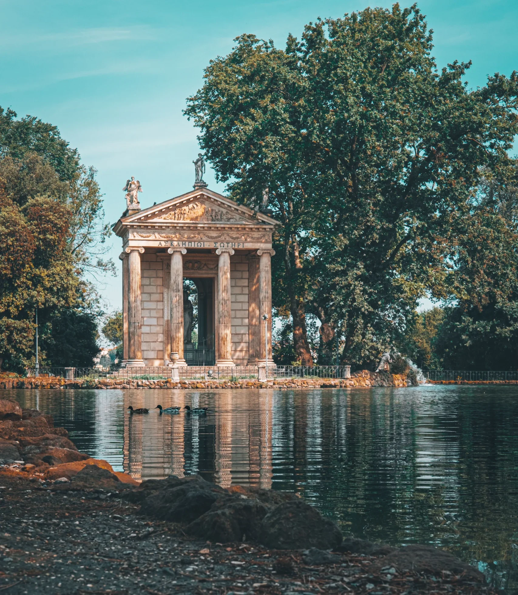 The Temple of Aesculapius on the lake in Villa Borghese park, Rome